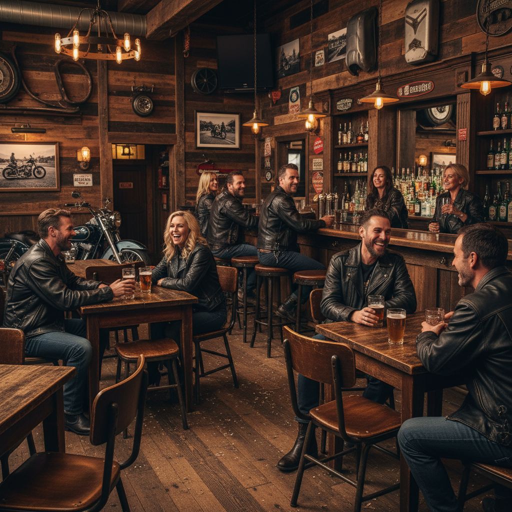 Interior of a rustic American-style biker pub with vintage decor, wooden furniture, and a lively, friendly crowd enjoying drinks. The Bonanza Pub atmosphere.