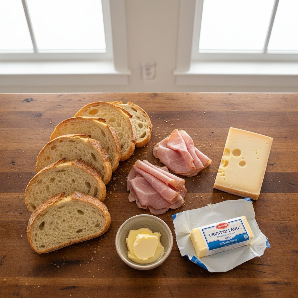 Les ingrédients essentiels pour un croque-monsieur disposés sur un plan de travail en bois : tranches de pain de mie, jambon de qualité, un morceau de fromage Gruyère et du beurre.