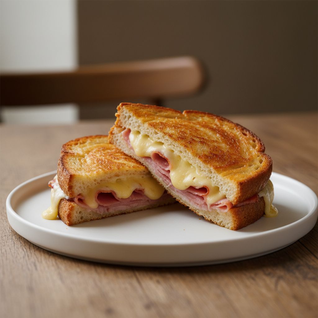 Un croque-monsieur doré et croustillant, coupé en deux pour révéler un intérieur de fromage fondant et de jambon savoureux, servi sur une assiette.