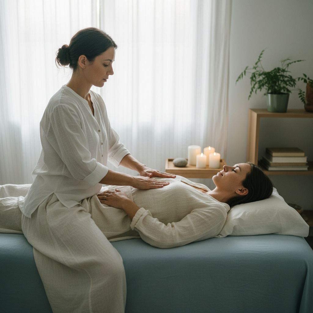 Une femme reçoit un soin Reiki dans une ambiance calme et sereine, avec les mains du praticien planant doucement au-dessus de son corps pour canaliser l'énergie.