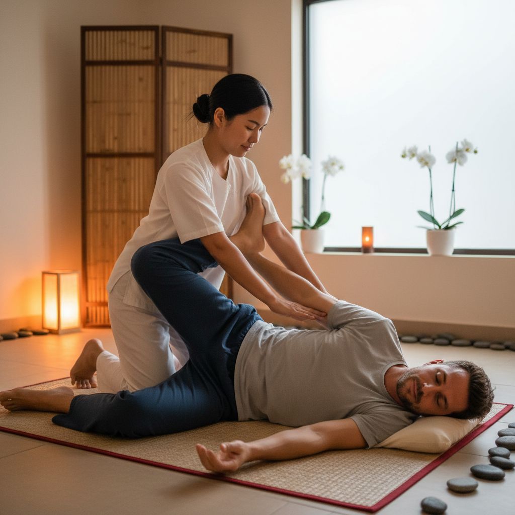 Une personne recevant un thai massage sur un matelas au sol, le praticien utilisant son corps pour appliquer un étirement dynamique et profond.