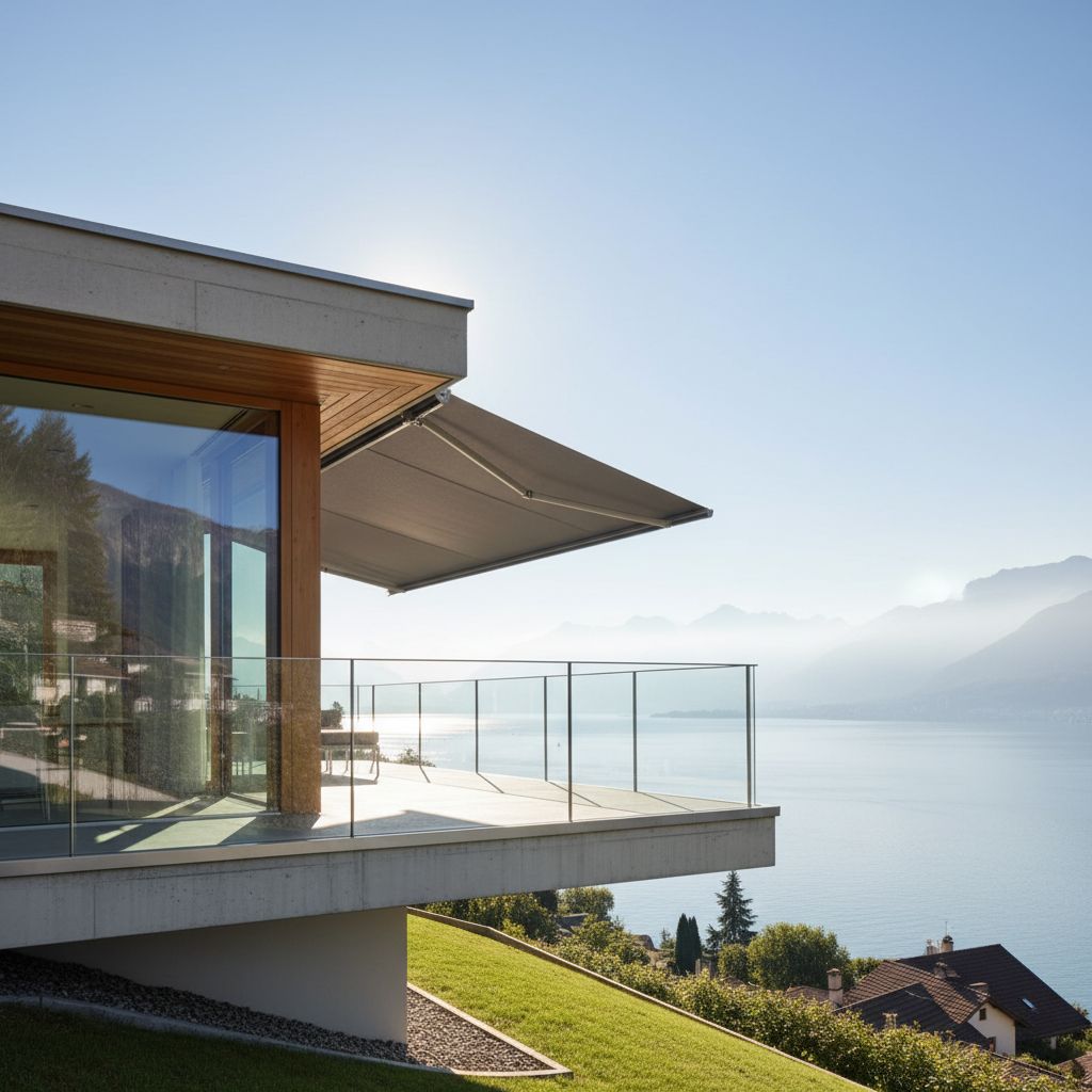 Un store banne sur mesure, élégamment intégré à la façade d'une maison moderne dans le canton de Vaud, avec vue sur le lac.