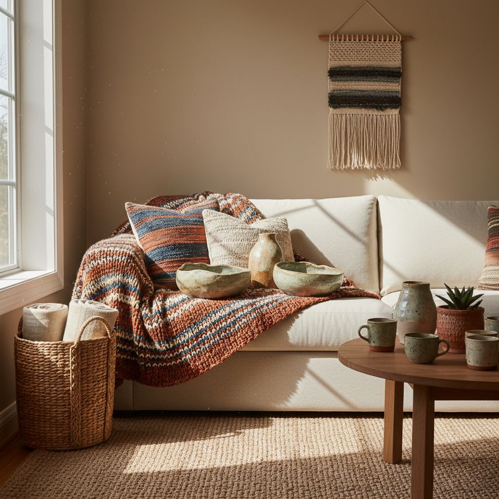 Imaginez un salon à la fois chic et cosy, où des objets faits main sont mis en avant : de jolies céramiques, des paniers en osier, et des textiles originaux posés sur un canapé qui invite à la détente.