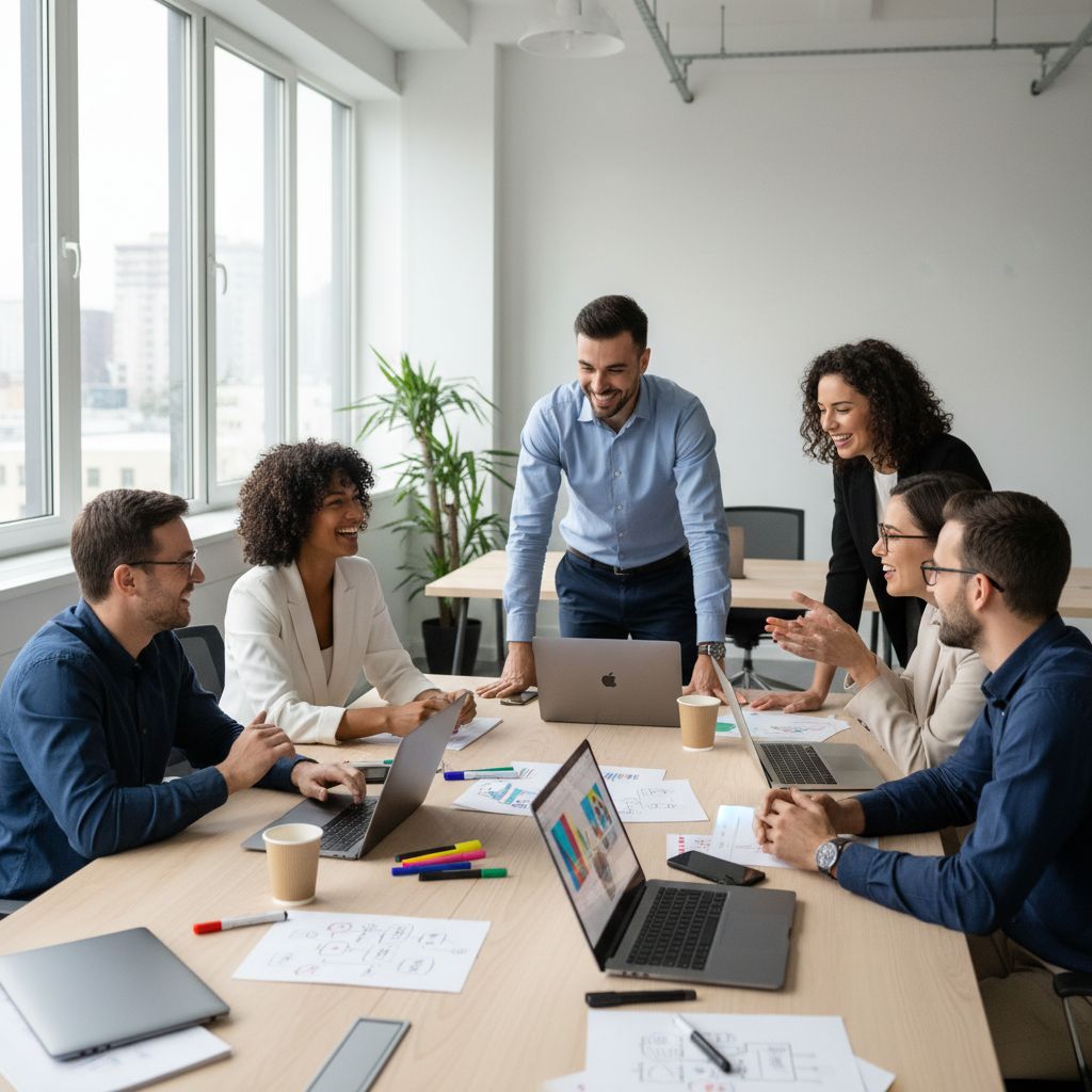 Une équipe créative et souriante travaillant ensemble dans un bureau d'agence de communication moderne et lumineux, discutant autour d'une table remplie de croquis et d'ordinateurs.