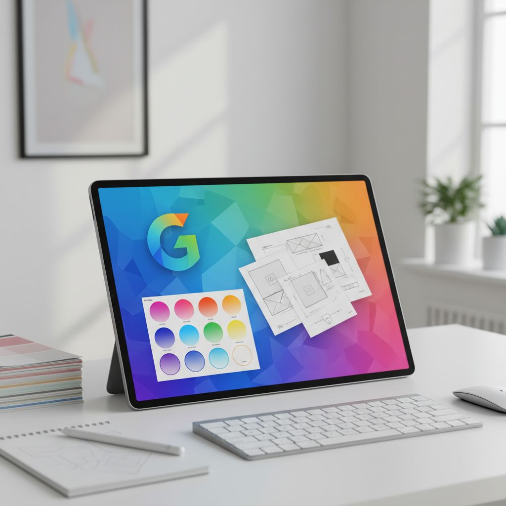 Un bureau de designer graphique avec une tablette affichant la création d'un logo, des échantillons de couleurs et des croquis de mise en page pour une brochure imprimée.