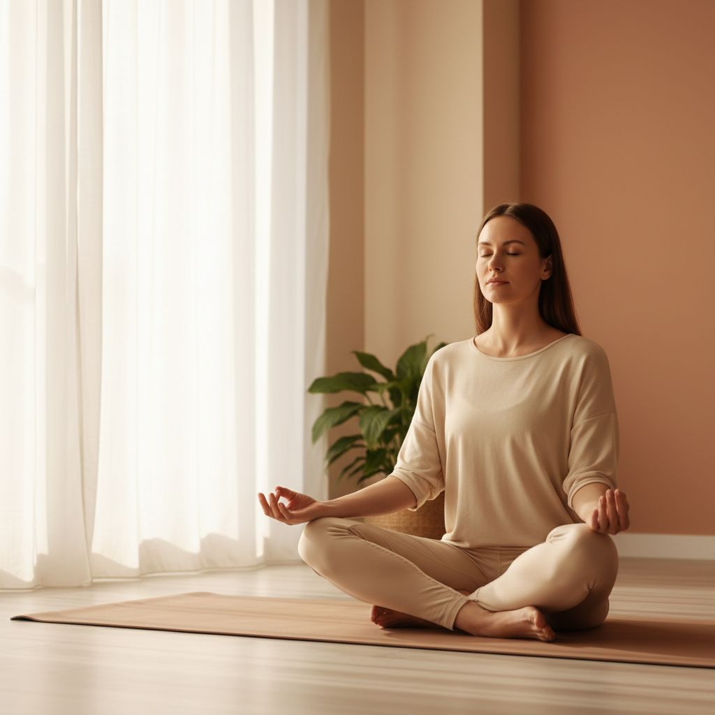 Une femme médite paisiblement sur son tapis de yoga, dans une pièce baignée de lumière, les yeux fermés et les mains sur les genoux : une image parfaite de la connexion retrouvée entre le corps et l'esprit.