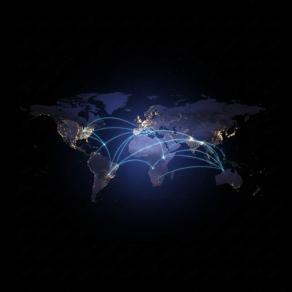 Une carte du monde stylisée, avec des faisceaux lumineux qui relient les grandes villes, pour symboliser comment un site web peut donner une portée mondiale à une entreprise.