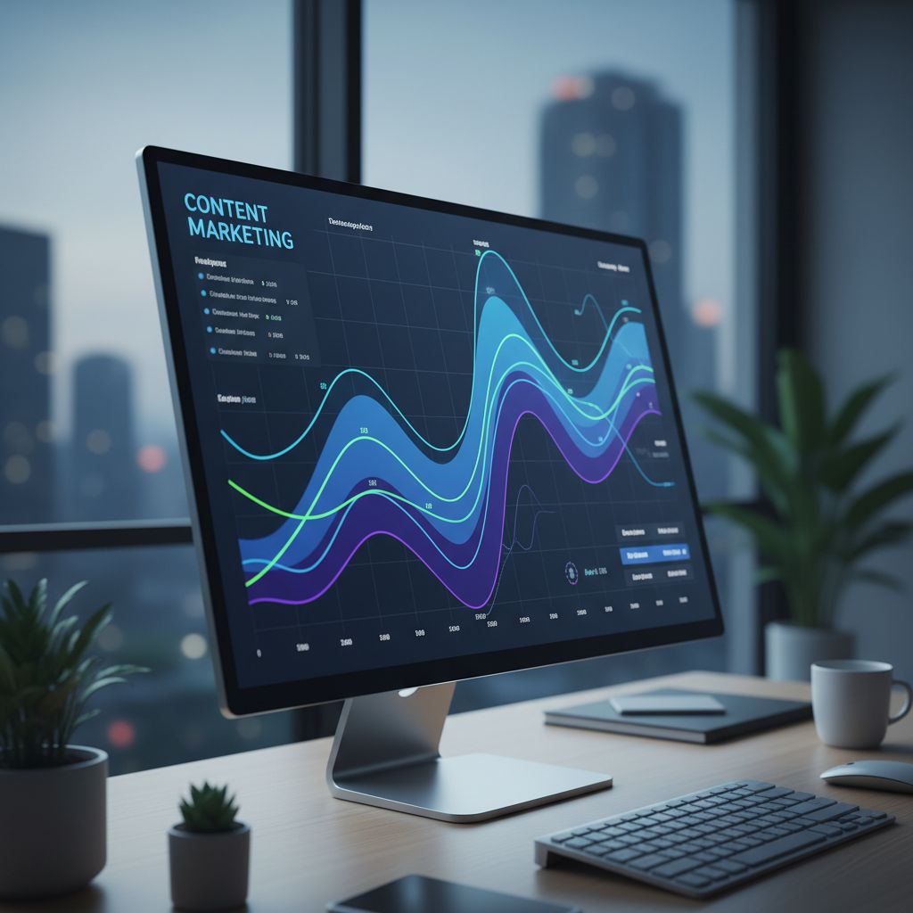 A dynamic digital marketing dashboard on a screen, with graphs and charts showing content performance analytics, glowing in a modern office setting.