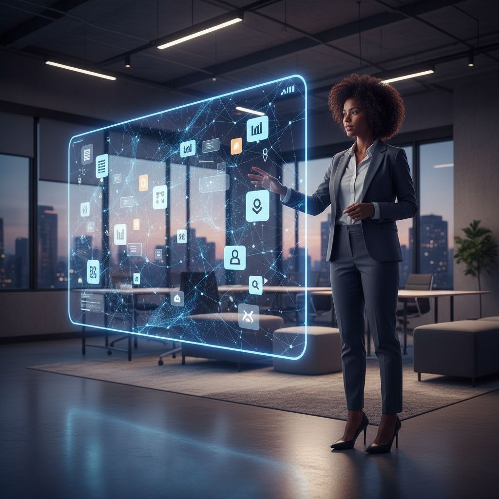 Sleek, futuristic shot of an AI and a marketer working together, with content ideas popping up on a holographic screen.