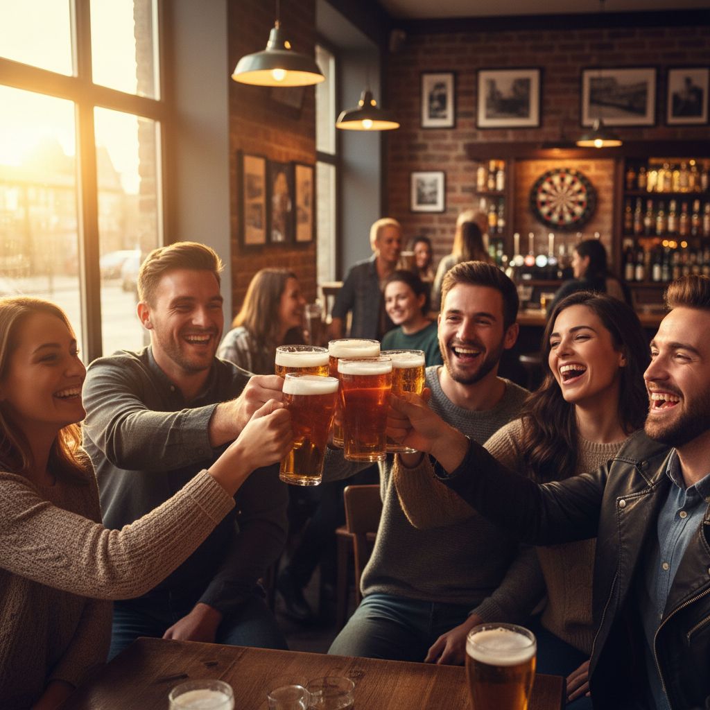 Un groupe d'amis souriants trinquant avec des verres de bière dans un pub animé, l'ambiance est joyeuse et conviviale.