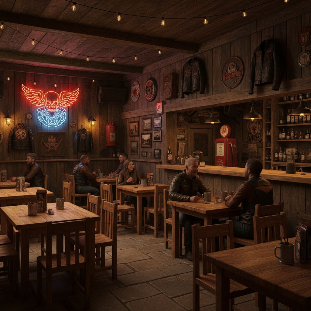 Intérieur chaleureux et rustique d'un pub de style biker américain, avec des murs en bois, des tables robustes, des néons et des souvenirs de motards.