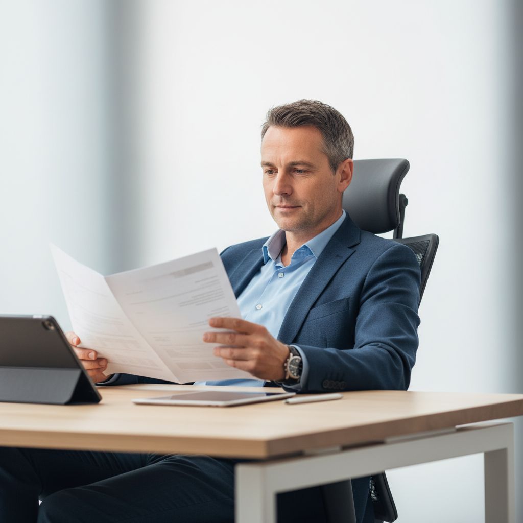 Un patron de PME en Suisse qui analyse un rapport financier l'esprit tranquille. L'image parfaite de la confiance qu'apporte un bon expert-comptable.
