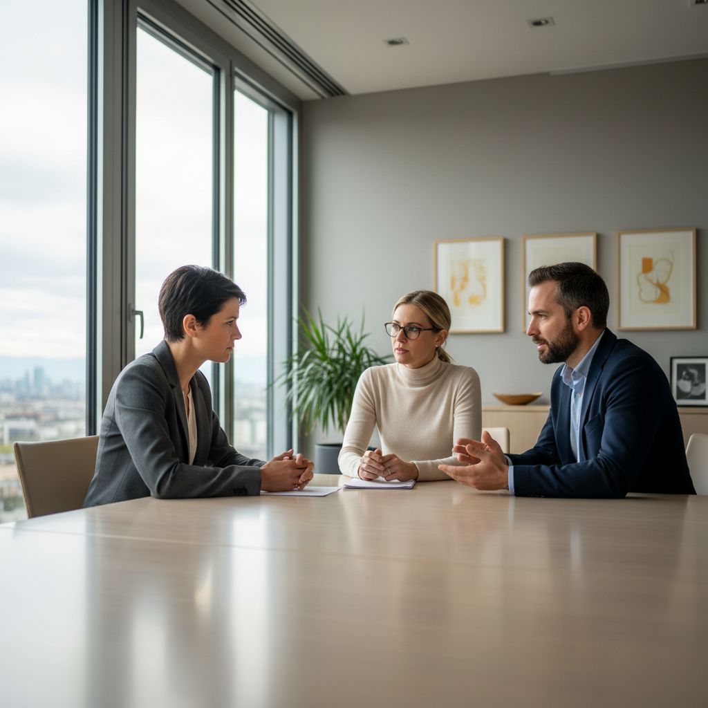 Deux entrepreneurs suisses en discussion sérieuse avec un conseiller dans un bureau moderne à Genève, symbolisant le choix d'un cabinet fiduciaire.