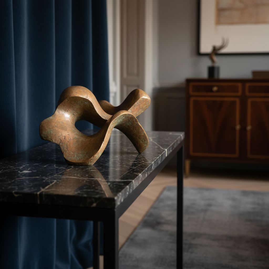 Gros plan sur une sculpture abstraite en bronze aux formes fluides, posée sur une console en marbre noir dans un intérieur raffiné.