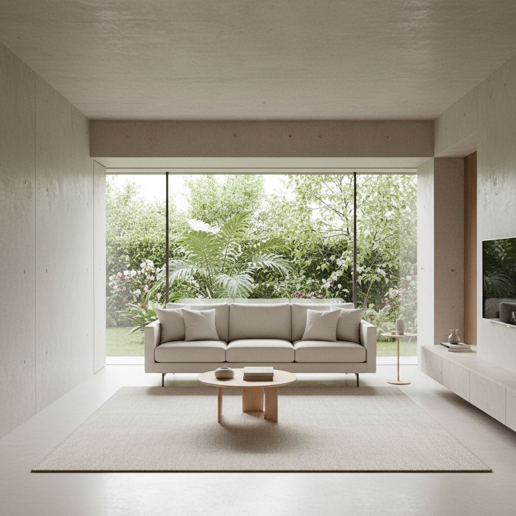 Imaginez un salon épuré et chic : des murs en béton ciré, un canapé crème au design impeccable et une immense baie vitrée qui ouvre sur un jardin luxuriant.