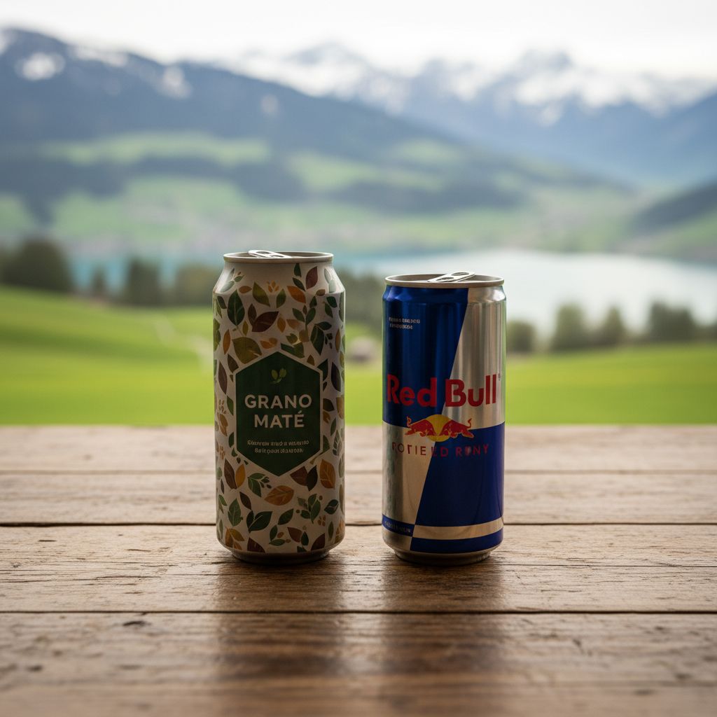 Une canette de Grano Maté et une canette de Red Bull se faisant face sur une table en bois, avec un arrière-plan flou montrant un paysage suisse.