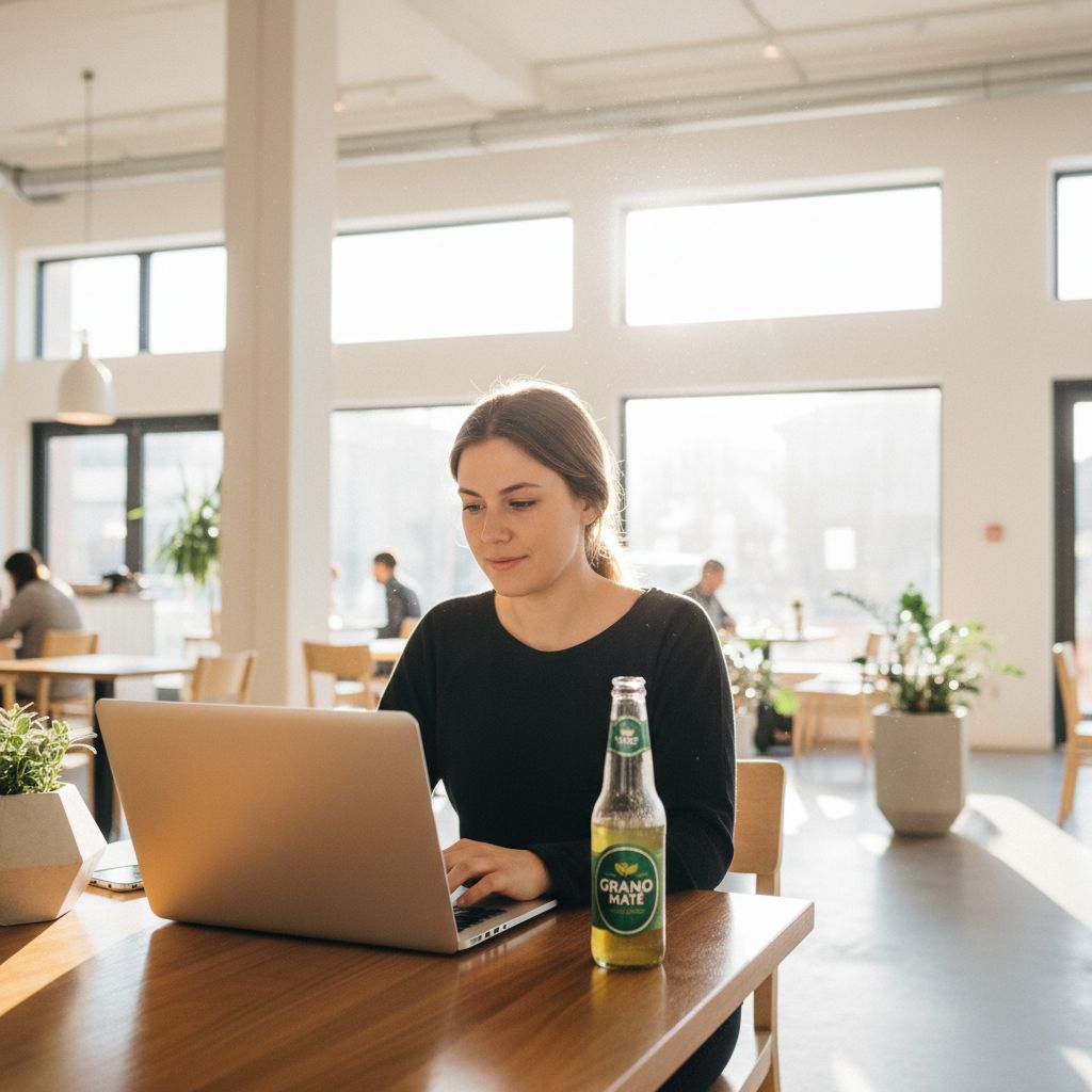 Une personne concentrée et calme travaillant sur son ordinateur portable dans un café lumineux, une bouteille de Grano Maté à côté d'elle.