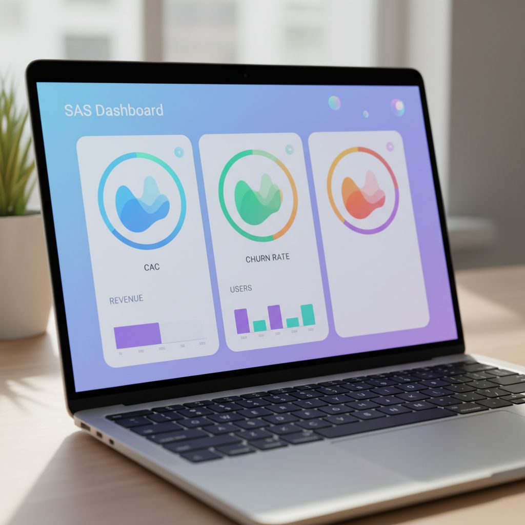 Un gros plan sur un écran d'ordinateur portable affichant un tableau de bord dynamique et coloré avec des indicateurs de performance clés pour un SaaS, tels que le CAC, la LTV et le taux de churn.
