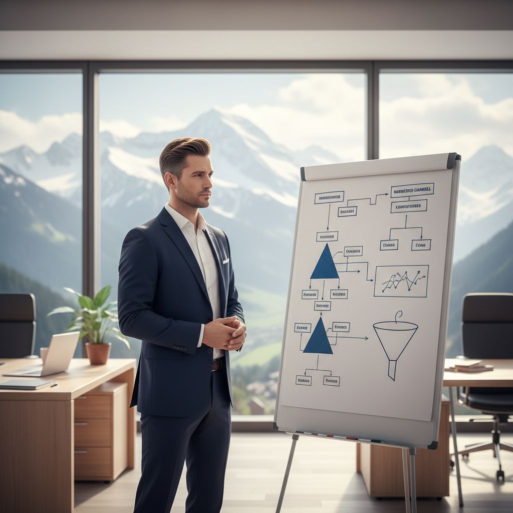 Un entrepreneur dans un bureau moderne avec vue sur les montagnes suisses, regardant pensivement un tableau blanc rempli de schémas de marketing et de funnels de vente.