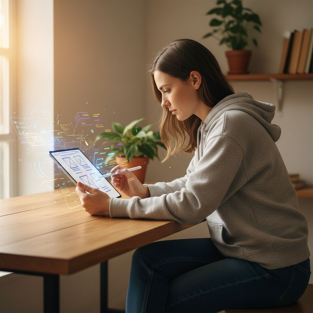 Founder sketching out a new website design on a tablet, with cool AI-generated ideas floating around the screen.