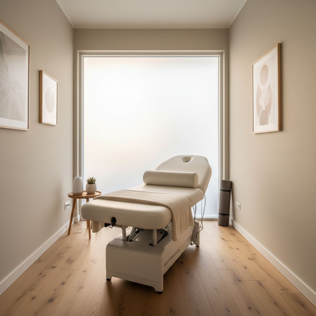 Une salle de consultation d'ostéopathie moderne et apaisante, avec une table de massage, baignée d'une lumière naturelle douce.