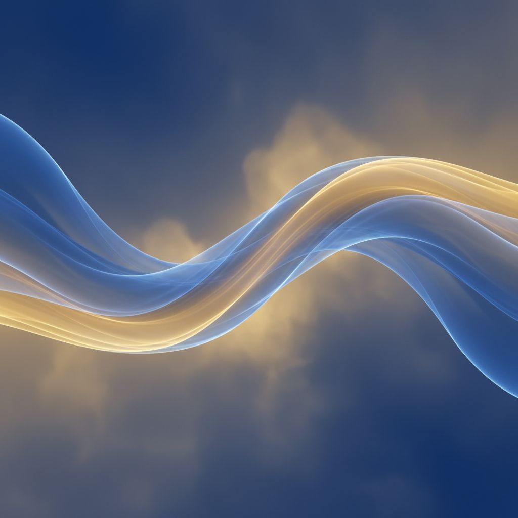Une image conceptuelle et apaisante montrant des vagues d'énergie douce et lumineuse dans des tons bleus et dorés, symbolisant le calme intérieur et l'équilibre énergétique.