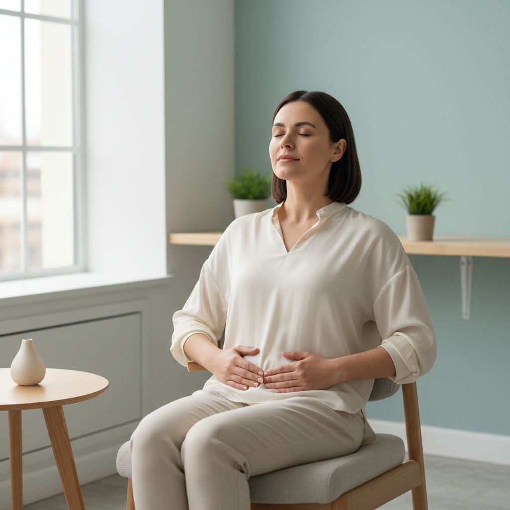 Une femme, les yeux clos, assise dans un cadre lumineux et apaisant. Elle pratique une respiration calme, une main posée sur le ventre pour bien montrer le mouvement de la respiration abdominale.