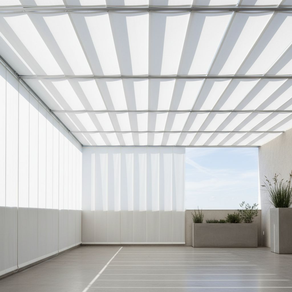 Une véranda moderne et lumineuse équipée de stores plissés blancs perfectly installés au plafond, filtrant doucement la lumière du soleil.