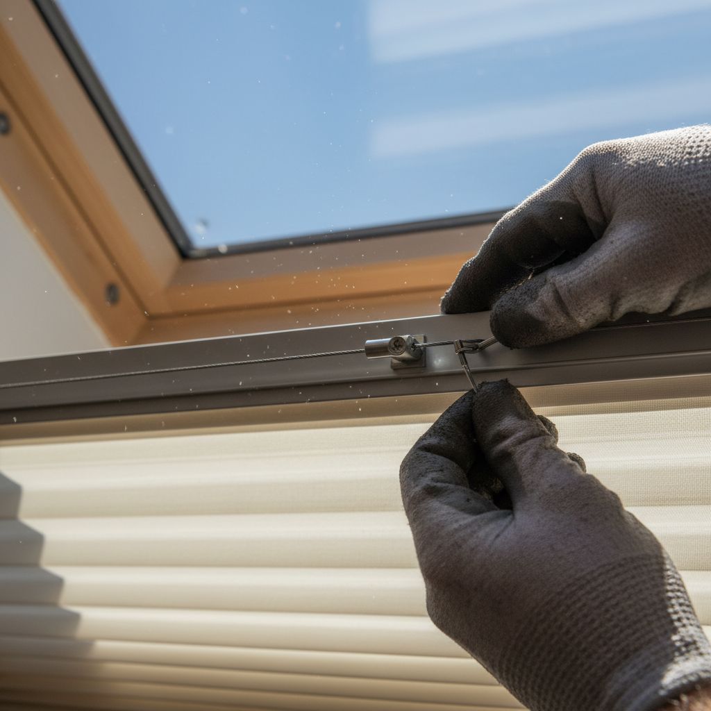 Gros plan sur la main d'un installateur ajustant la tension d'un câble sur un store plissé de toiture.