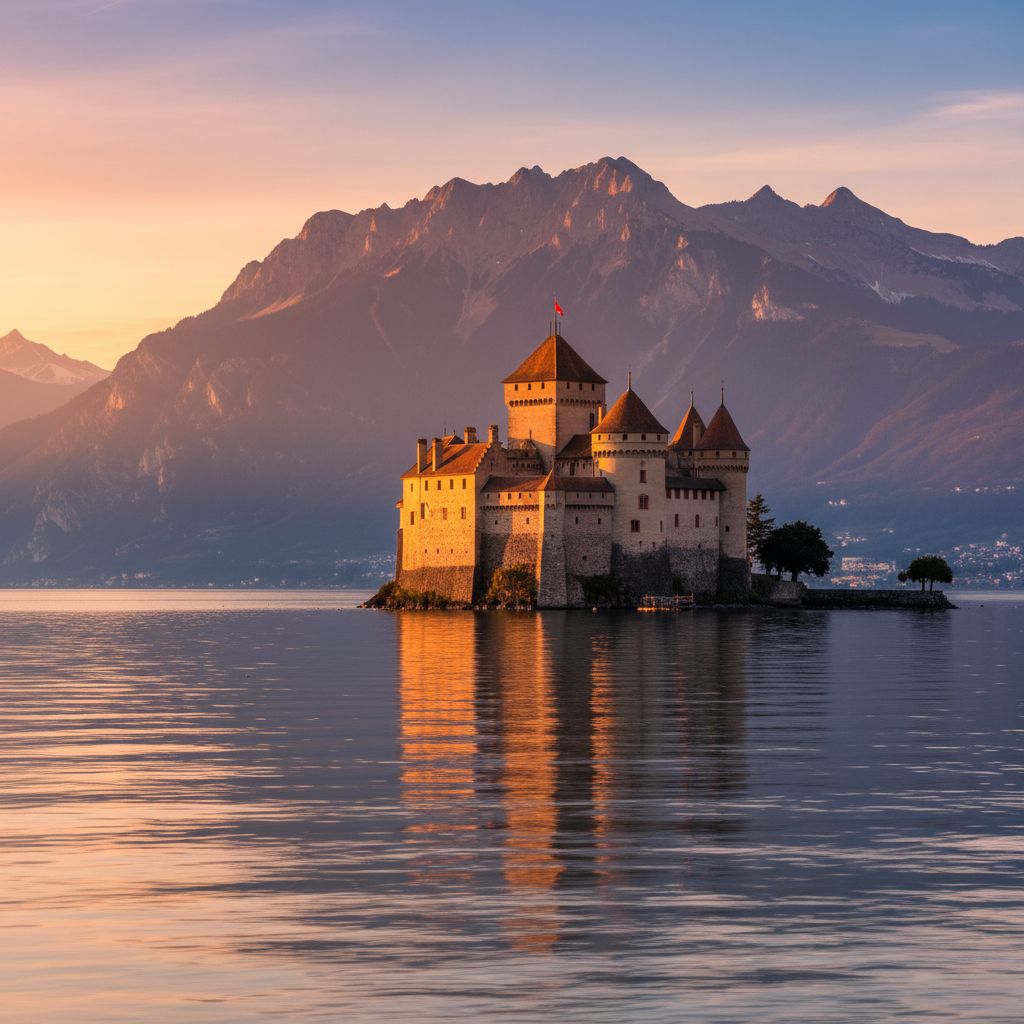Vue romantique du Château de Chillon sur le lac Léman au coucher du soleil, avec les Alpes en arrière-plan.