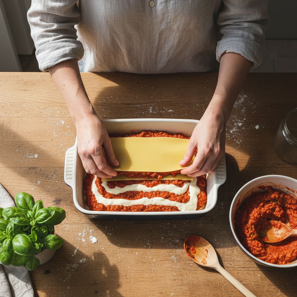 Vue de dessus des mains d'une personne assemblant des lasagnes dans un plat à gratin. On voit les couches de pâtes, de sauce bolognaise et de béchamel.