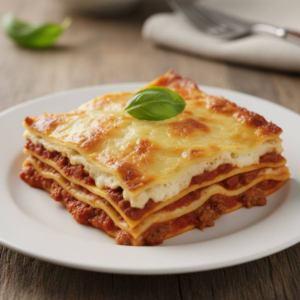Une part de lasagne dorée et appétissante servie dans une assiette blanche, avec une feuille de basilic frais sur le dessus. La scène est chaleureuse et rustique.