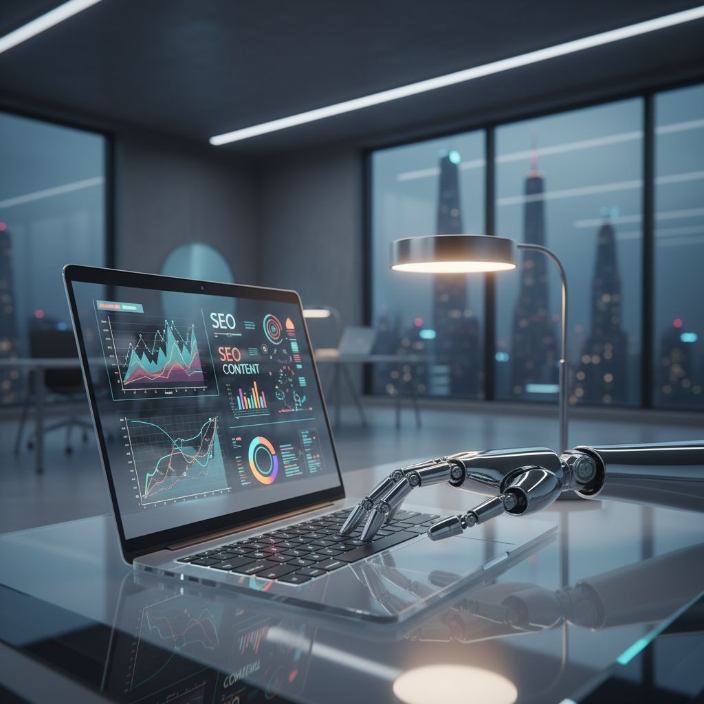 A futuristic robot arm typing on a laptop keyboard that displays glowing SEO and content metrics, set against a clean, modern office background. This scene captures the idea of AI driving content automation.