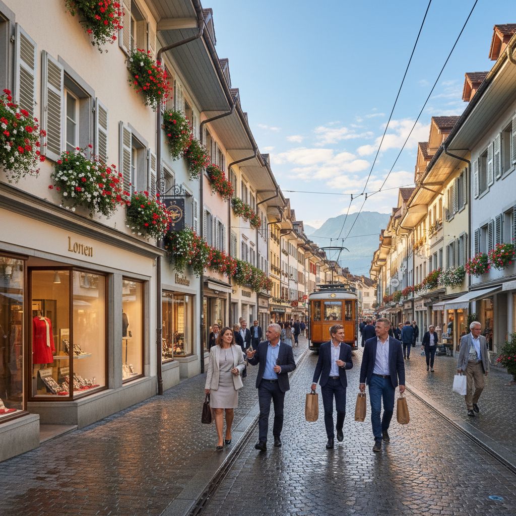 Vue stylisée d'une rue commerçante animée dans une ville du canton de Vaud, en Suisse, évoquant l'expertise locale et la proximité.