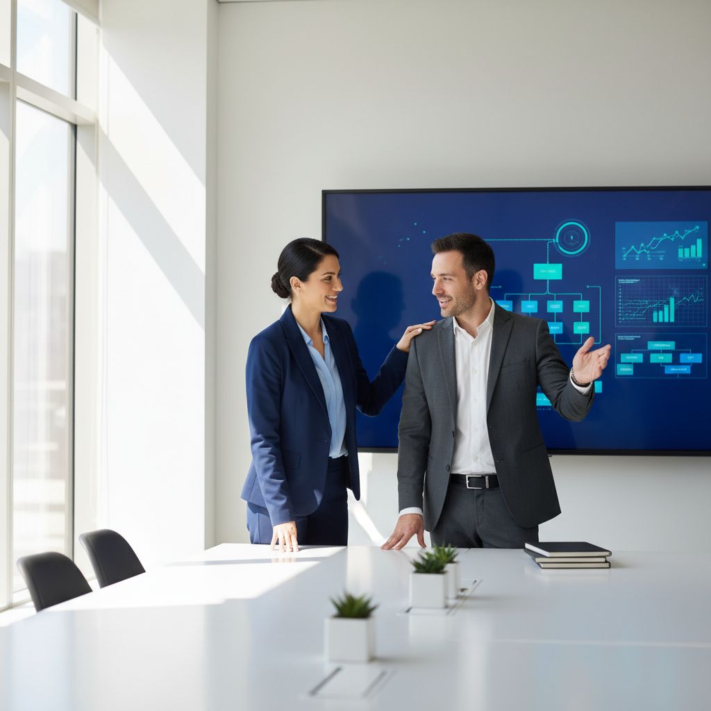Deux professionnels du marketing en pleine discussion stratégique dans un bureau moderne et lumineux, illustrant la collaboration et le partenariat.