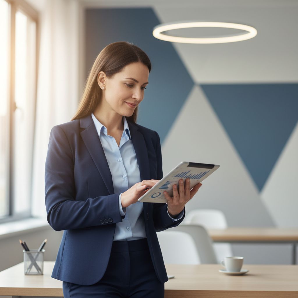 Un dirigeant de PME regarde avec confiance des rapports financiers sur une tablette dans son bureau, se sentant soutenu et en contrôle.