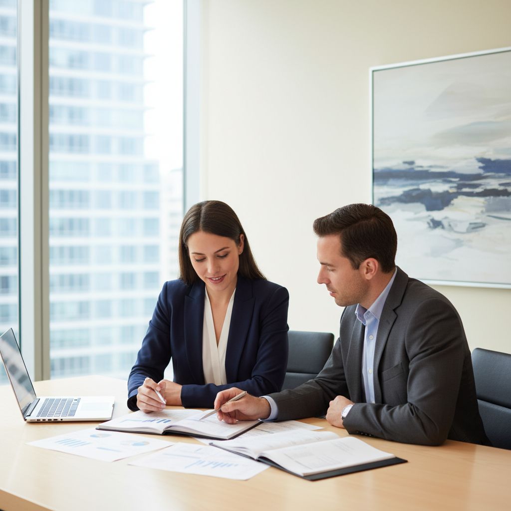 Un entrepreneur discute de documents financiers avec un conseiller dans un bureau moderne et lumineux, symbolisant un partenariat stratégique.