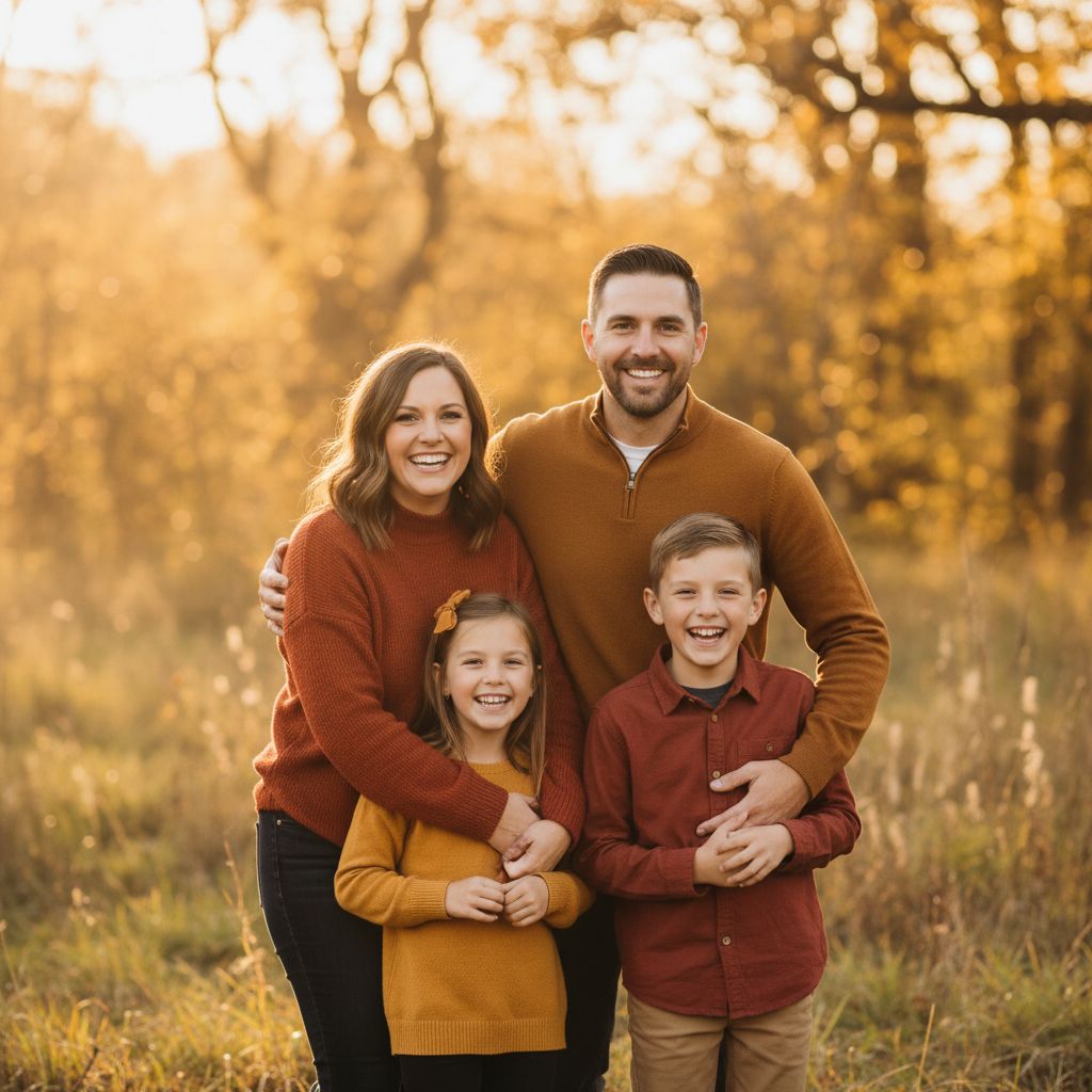 Une famille souriante et heureuse pendant une séance photo professionnelle en extérieur, avec les couleurs chaudes de l'automne en arrière-plan.