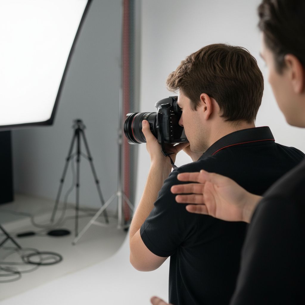 Une personne vue de dos pendant un cours de photo, hyper concentrée sur son appareil en écoutant les conseils du formateur.