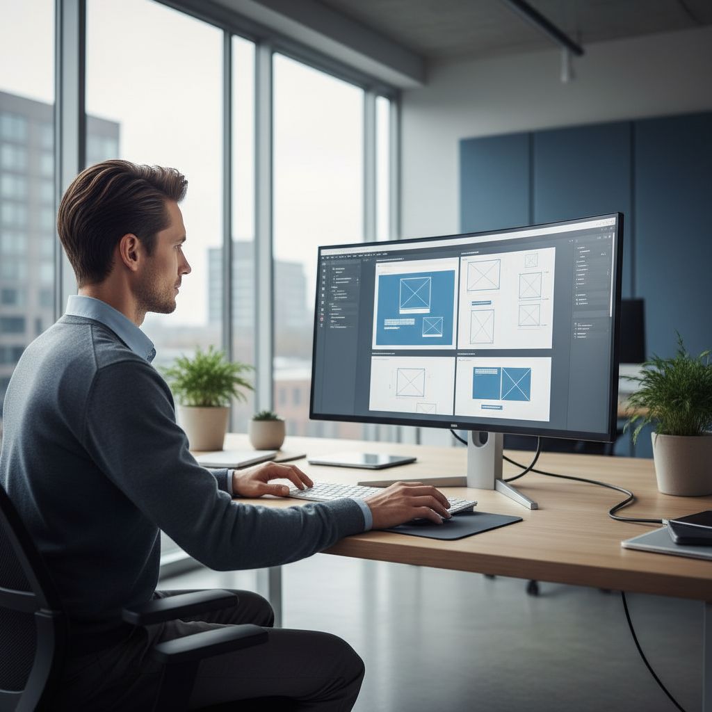 A professional web designer thoughtfully looking at a computer screen displaying complex website wireframes in a modern office.