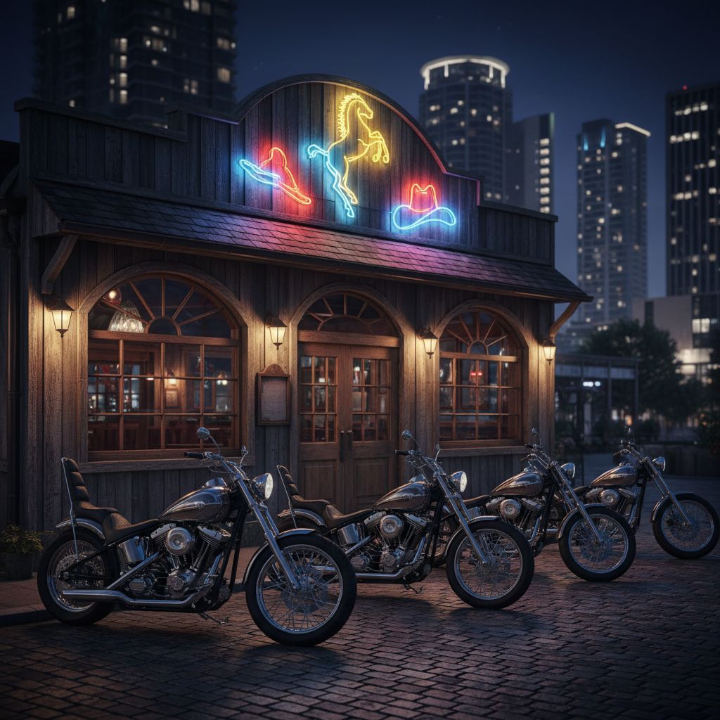 Vue extérieure d'un pub de style Far West la nuit, avec des néons et plusieurs motos custom garées devant.