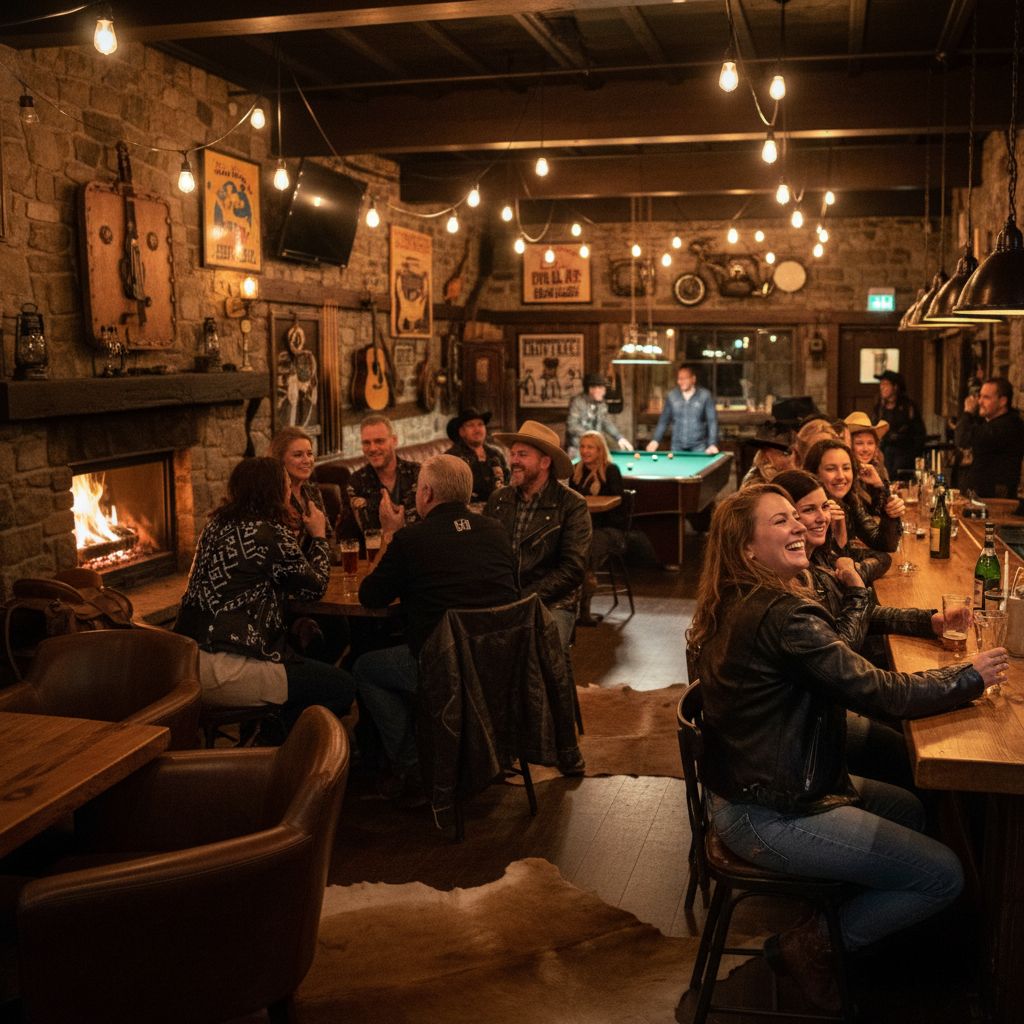 Intérieur animé d'un pub de style cowboy et motard la nuit, avec des gens qui rient et une lumière chaude et accueillante.