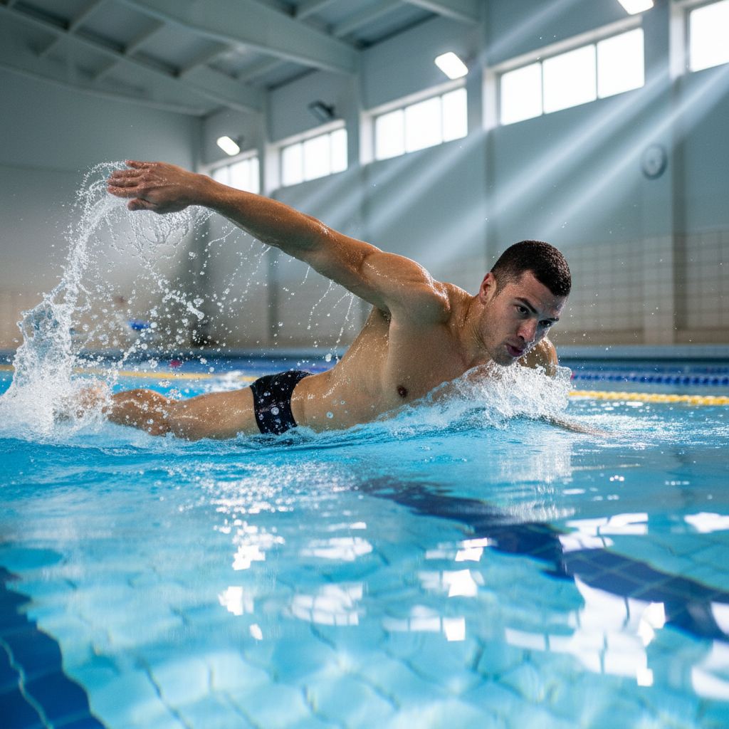 Un nageur pro en pleine action dans une piscine couverte. On sent toute la puissance et la fluidité du mouvement.