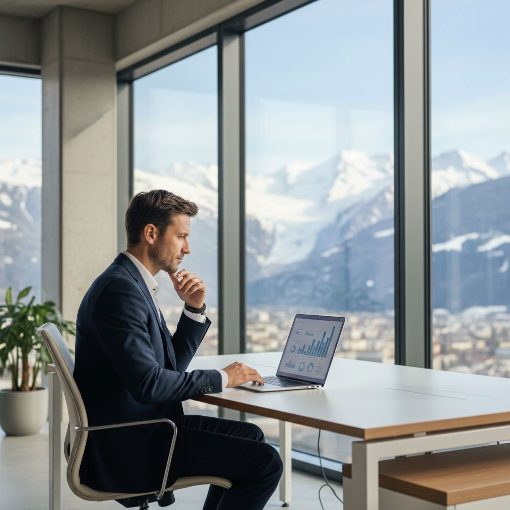 Un entrepreneur suisse au look moderne et réfléchi, travaillant sur son ordinateur portable dans un bureau design avec vue sur les Alpes. Des graphiques de croissance sont visibles sur l'écran.
