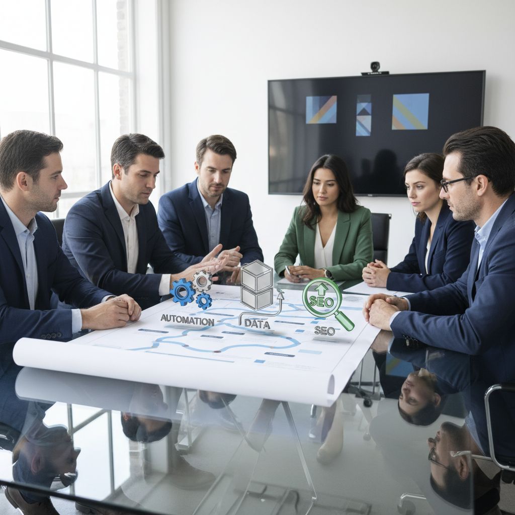Un plan directeur ou une feuille de route stratégique stylisée, avec des icônes représentant l'automatisation, les données et le SEO, le tout dans un design futuriste et épuré.