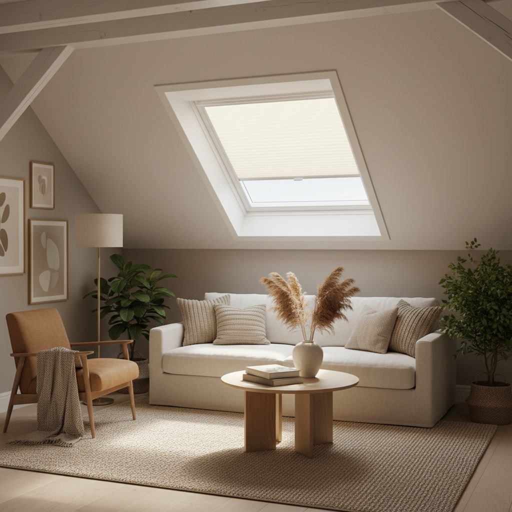 Un beau salon sous les toits, lumineux et élégant, où une fenêtre de toit Velux et son store intérieur créent une ambiance des plus chaleureuses.