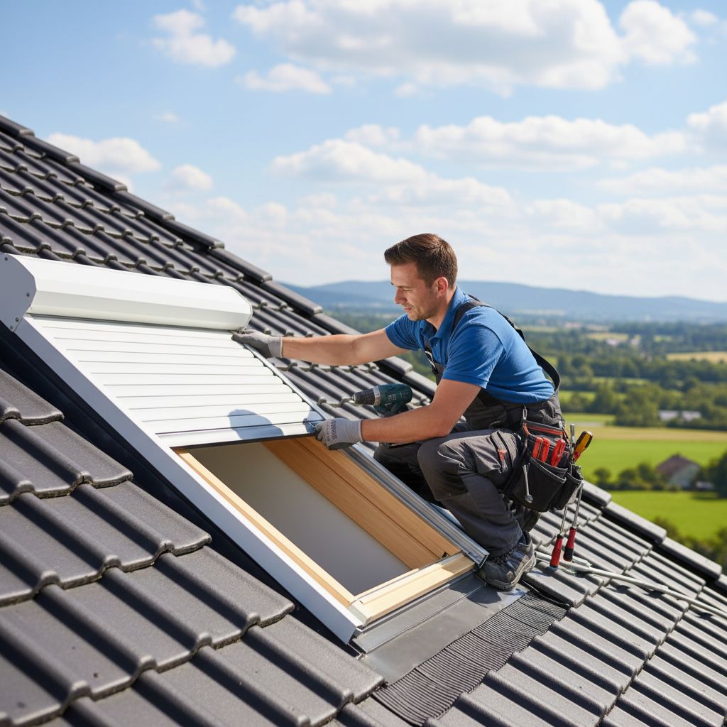 Un artisan en plein travail, qui installe avec soin un volet roulant sur une fenêtre de toit Velux, directement depuis l'extérieur.