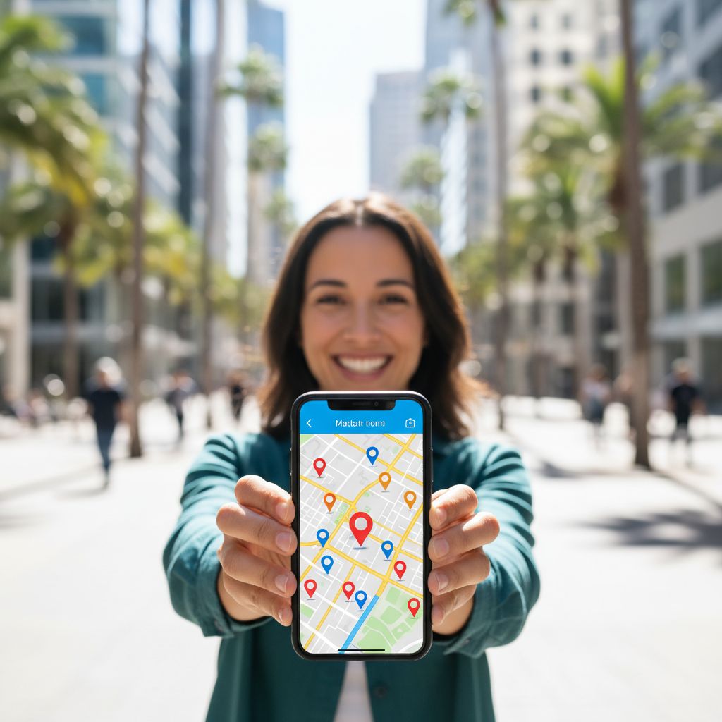 Une personne souriante tient son smartphone affichant une carte avec des repères de localisation, dans un décor urbain ensoleillé.