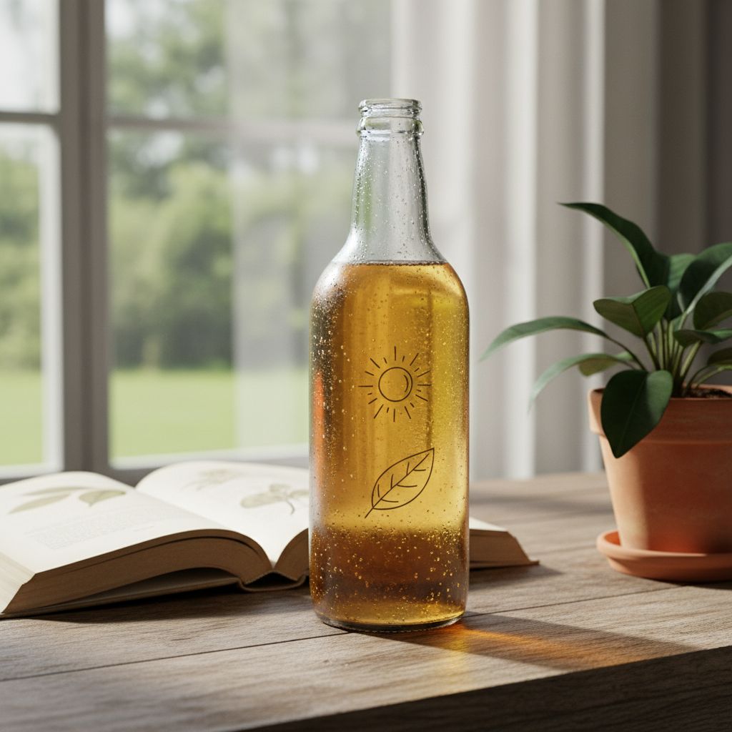 Une bouteille de Grano Maté pétillant et rafraîchissant, posée sur une table en bois à côté d'un livre et d'une plante, avec une douce lumière matinale.
