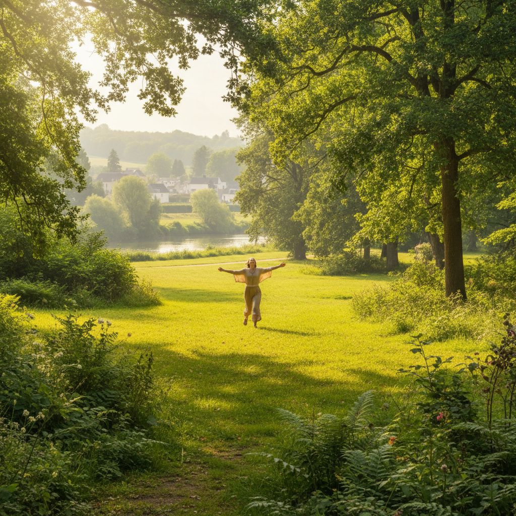 Image sereine d'une personne ressentant un sentiment de libération dans un parc verdoyant près de Vertou, avec la lumière du soleil filtrant à travers les arbres.